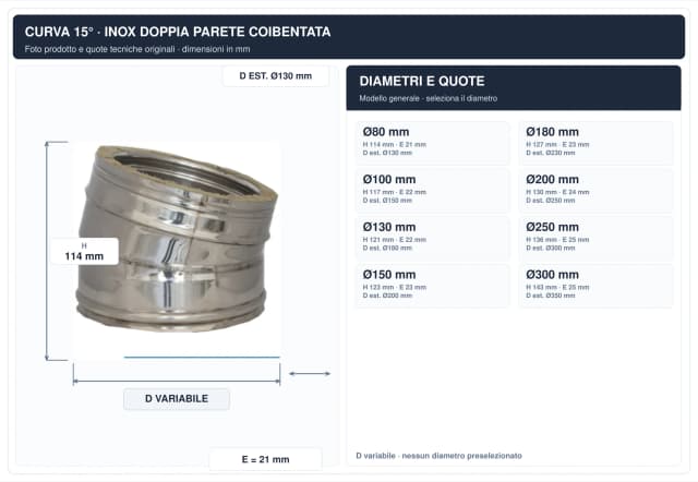 Schema tecnico e quote curva canna fumaria inox doppia parete – tutti i diametri – H 114 mm, E 21 mm, diametro esterno 130 mm