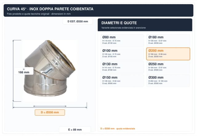 Schema tecnico e quote curva canna fumaria inox doppia parete Ø200 mm – H 166 mm, E 89 mm, diametro esterno 250 mm