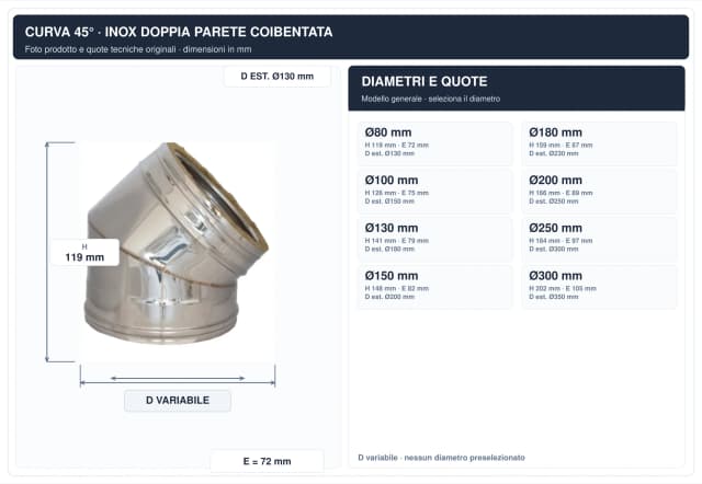 Schema tecnico e quote curva canna fumaria inox doppia parete – tutti i diametri – H 119 mm, E 72 mm, diametro esterno 130 mm