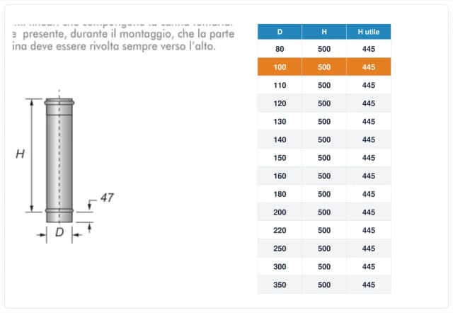 Schema tecnico e quote tubo canna fumaria inox monoparete Ø100 mm – H 500 mm (H utile 445 mm)