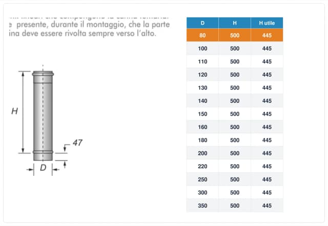 Schema tecnico e quote tubo canna fumaria inox monoparete Ø80 mm – H 500 mm (H utile 445 mm)