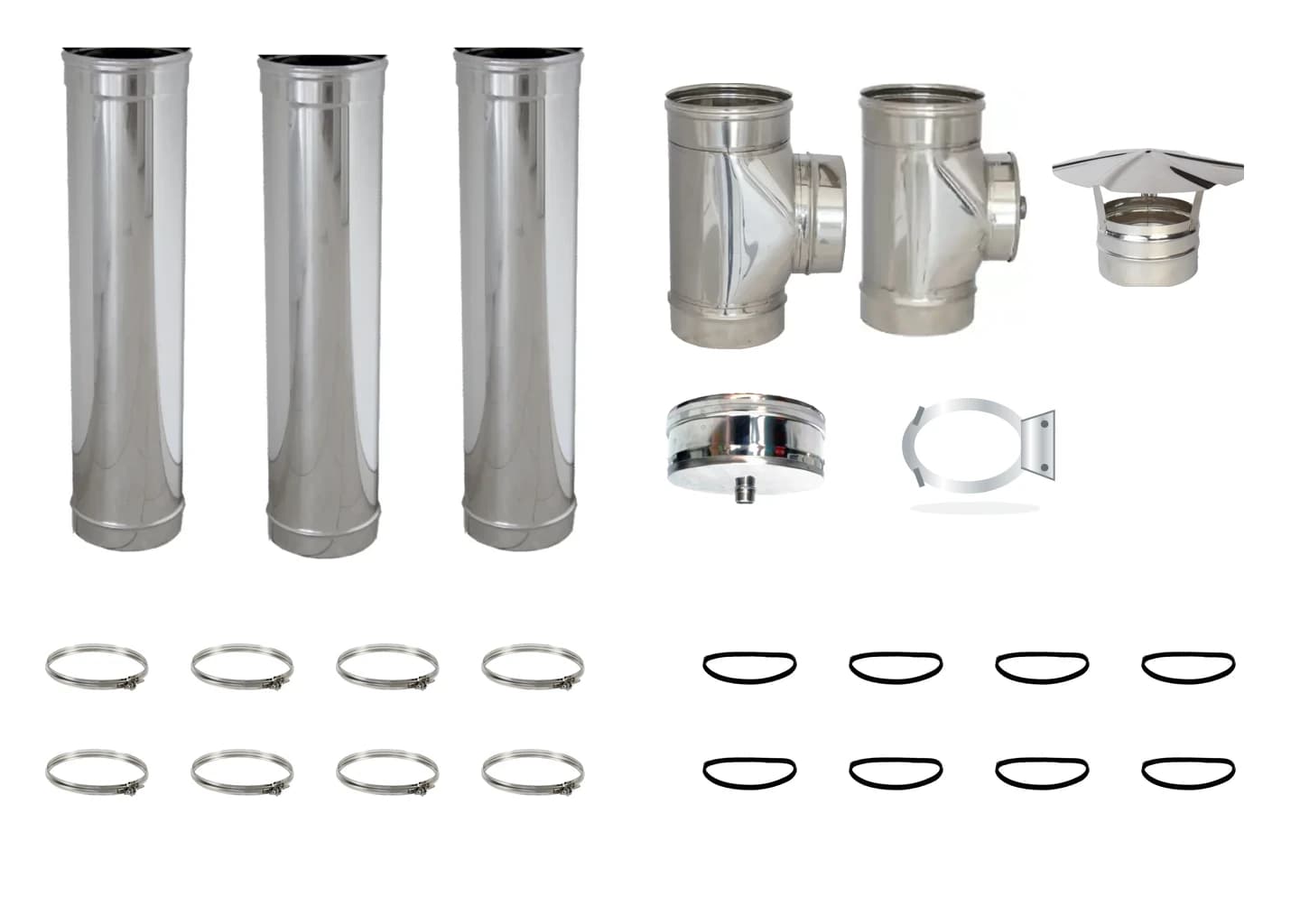 Foto composizione kit pellet Easy Ø80 senza scritte: 3 tubi inox da 1 metro, raccordo a T, scarico condensa, ispezione, cappello, fascette e guarnizioni.