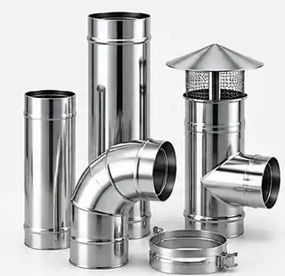 Componenti per canna fumaria inox monoparete: tubi a parete singola, curve, raccordi e accessori.